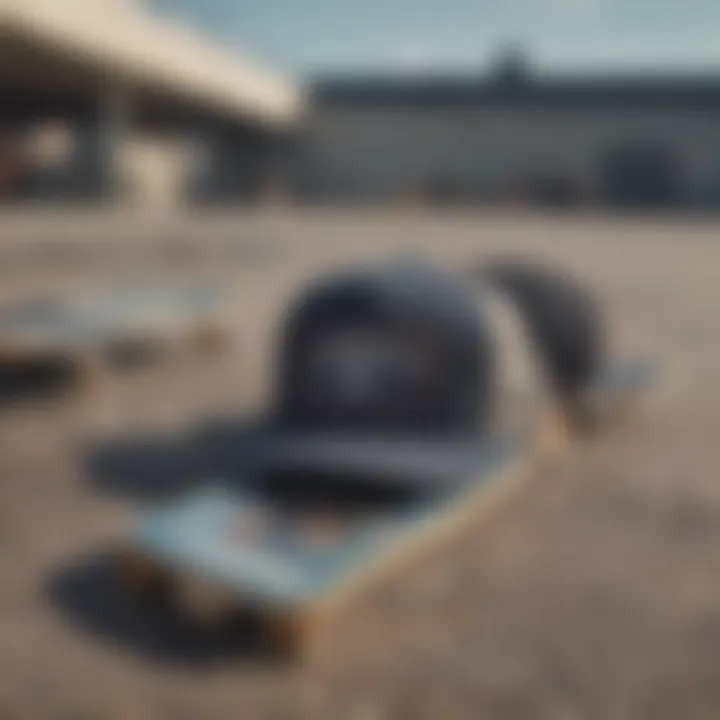 Trendy trucker hats laid out with skateboard gear on a concrete surface.