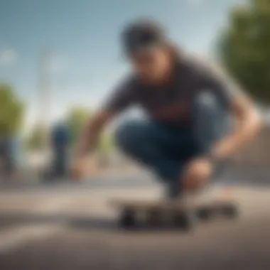 A skateboarder wearing a fitted trucker hat while performing a trick.