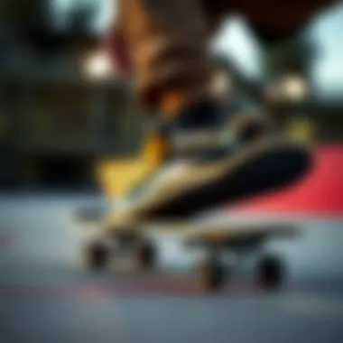 Performance on the Board: Black Gold Nike Shoes in Action Dynamic shot of skateboarder wearing Black Gold Nike shoes in action