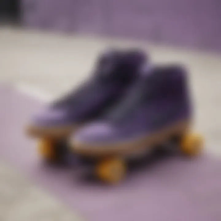 Artistic representation of black and purple Nike shoes in a skatepark.