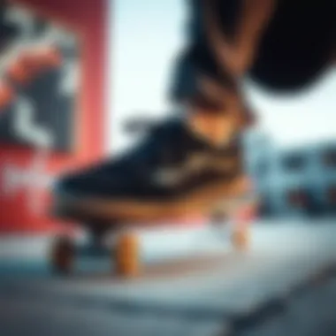 Black Vans in Action on the Skateboard Skateboarder wearing black Vans shoes while performing a trick