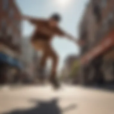 A skateboarder performing tricks while wearing brown Dickies skate pants