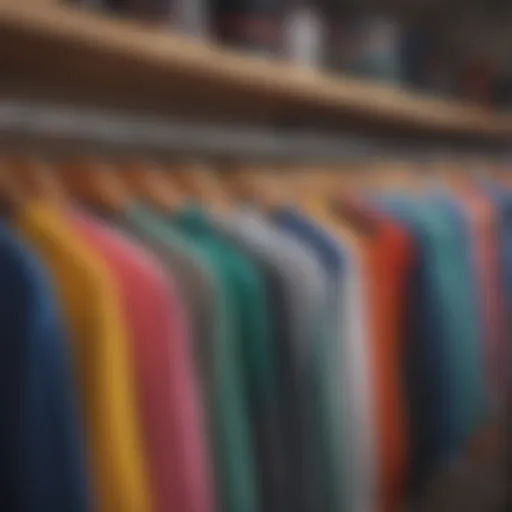 A collection of stylish crewnecks hung on a rack, showcasing vibrant colors and unique designs.