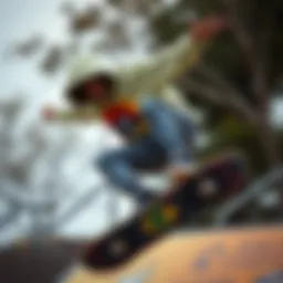 Creative skateboarder showcasing vibrant printed hoodie while performing a trick