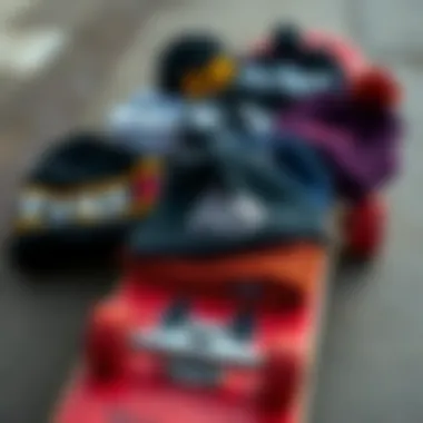 Diverse Collection of Beanies on a Skateboard A collection of beanies in various styles laid out on a skateboard, highlighting diversity.