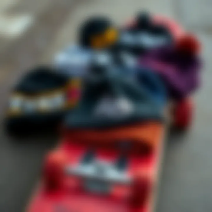 Diverse Collection of Beanies on a Skateboard A collection of beanies in various styles laid out on a skateboard, highlighting diversity.