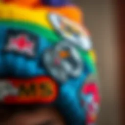 A close-up view of a colorful beanie adorned with skateboarding patches.