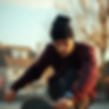 Skateboarder in a Classic Black Beanie Skateboarder in motion wearing a classic black beanie, showcasing style and functionality.
