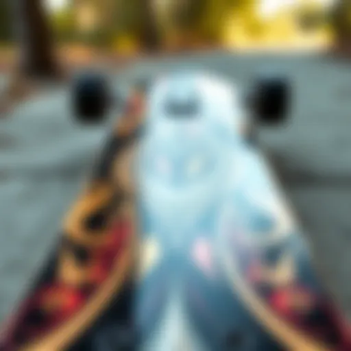 Detailed view of a cruiser longboard deck showcasing unique design patterns