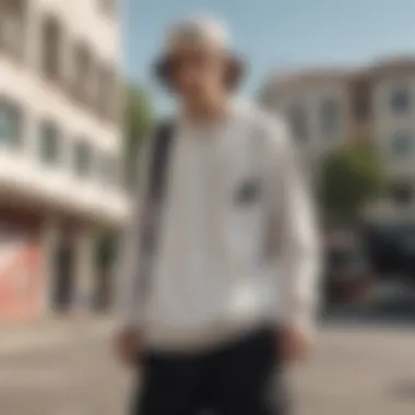 Skateboarder wearing the Off-White fanny pack in an urban setting.