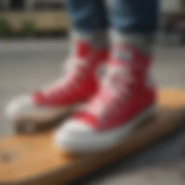 Close-up of Chuck Taylors on a skateboard deck