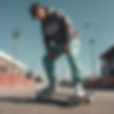 Stylish pair of Diamond Supply Co joggers placed on a skateboard