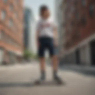 Skateboarder wearing Dickies high rise shorts in an urban environment