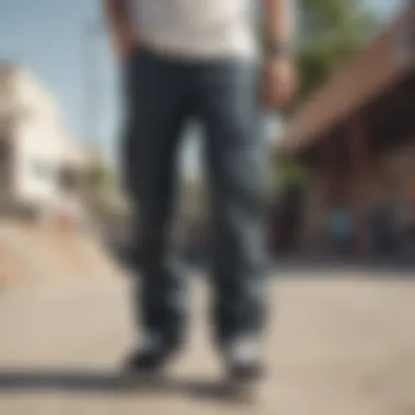 Skateboarder wearing Dickies tapered cargo pants in an urban skate park setting.