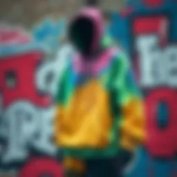 A vibrant drippy hoodie displayed against a graffiti wall