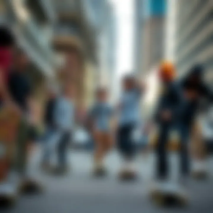 Skateboard Enthusiasts with Drop Boards A diverse group of skateboard enthusiasts enjoying drop boards in an urban setting