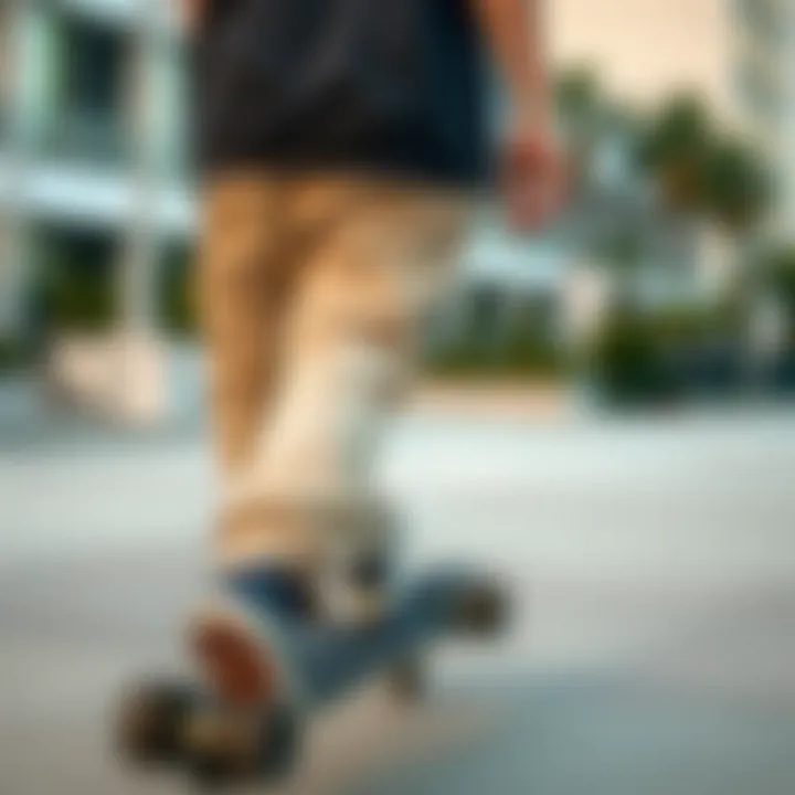 Skateboarder wearing Dickies slim fit pants in urban setting