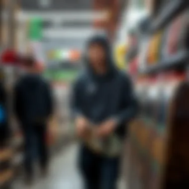 A skateboarder shopping at a local skate shop