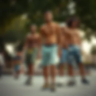 Community and Identity in Skate Culture Group of skateboarders showcasing their unique shorts designs in a park setting.