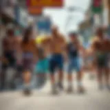 Diverse Styles in Skateboarding A vibrant street scene showcasing skateboarders in various styles of shorts.