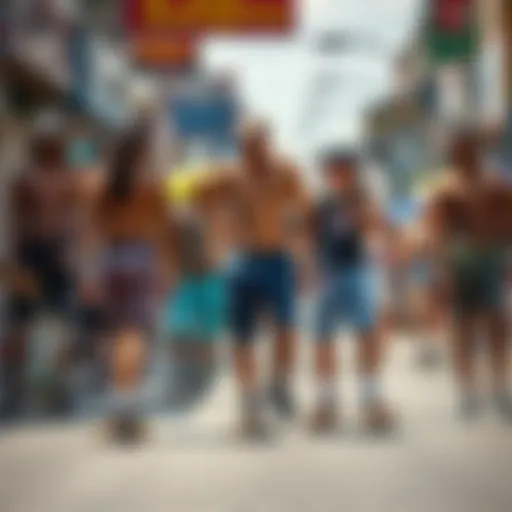 Diverse Styles in Skateboarding A vibrant street scene showcasing skateboarders in various styles of shorts.