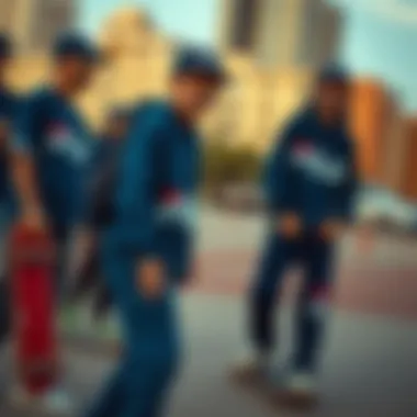 Skateboarders in Fila Blue Gear A group of skateboarders wearing Fila Blue gear in an urban setting