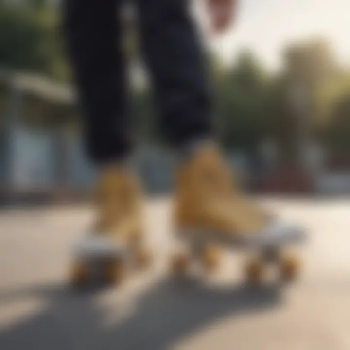 Skater performing a trick with gold tip shoelaces visible