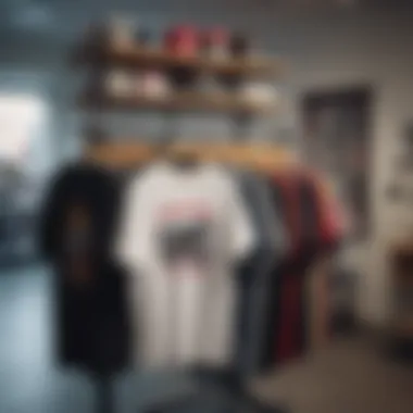 Stylish Array of Graphic T-Shirts An array of stylish graphic t-shirts displayed on a rack, emphasizing variety and personal expression.