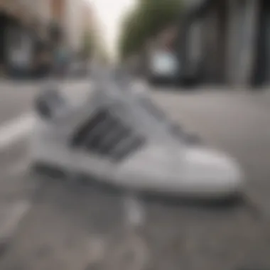 Elegant grey Adidas shoes displayed on a city street