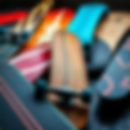 A close-up of various longboard designs showcasing unique shapes and colors.
