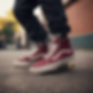 In Action: Maroon Vans in Skateboarding Culture Skateboarder wearing maroon Vans during a trick