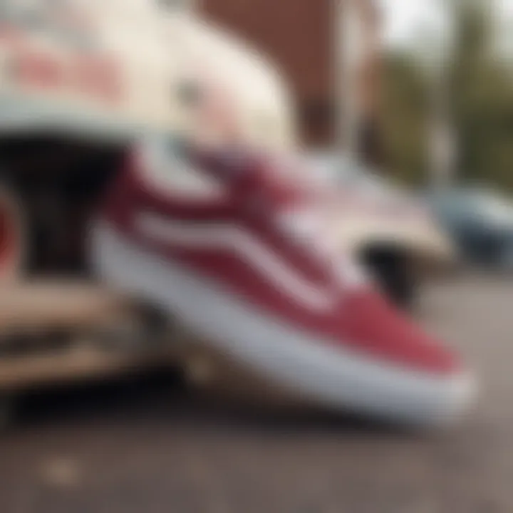 Different models of maroon and white Vans displayed