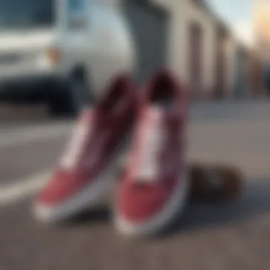 Maroon and white Vans showcased on a skateboard