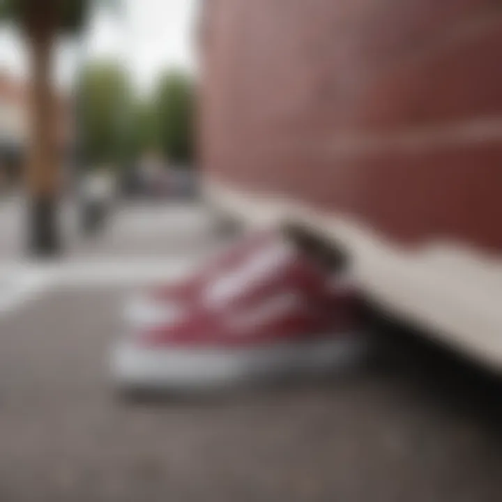 Close-up of maroon and white Vans in an urban setting