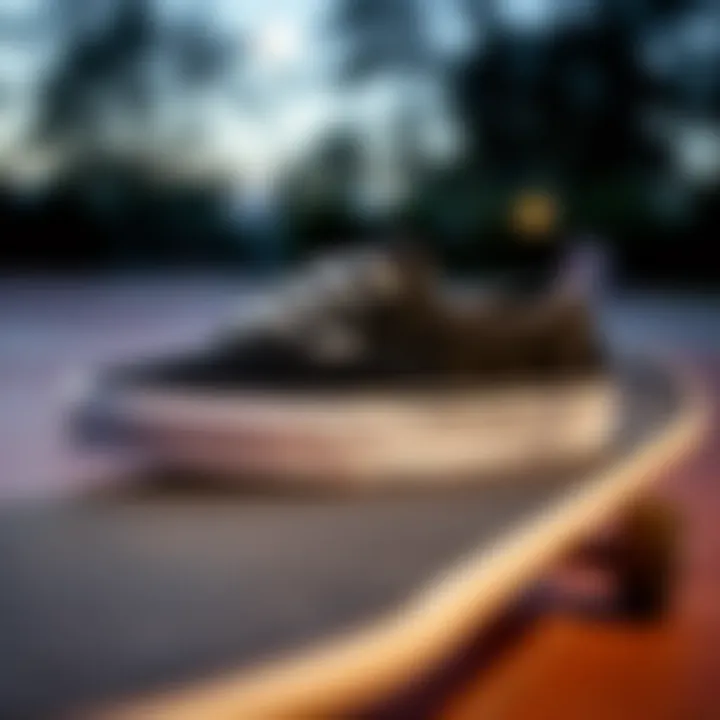 Black and grey Vans sneakers displayed on a skateboard