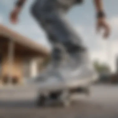 Skateboarder in action wearing grey Vans shoes