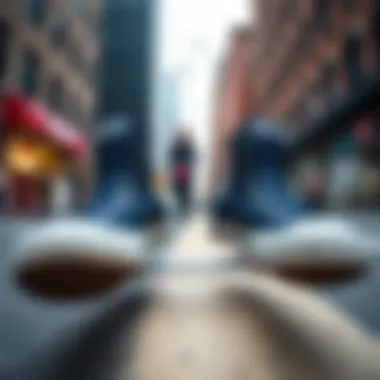 Stylish outfit featuring navy Converse high tops on a city street