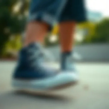 Navy Converse high tops in a skateboarding setting