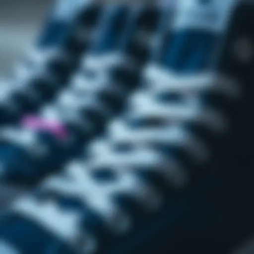 Close-up of navy Converse high tops showcasing texture and design