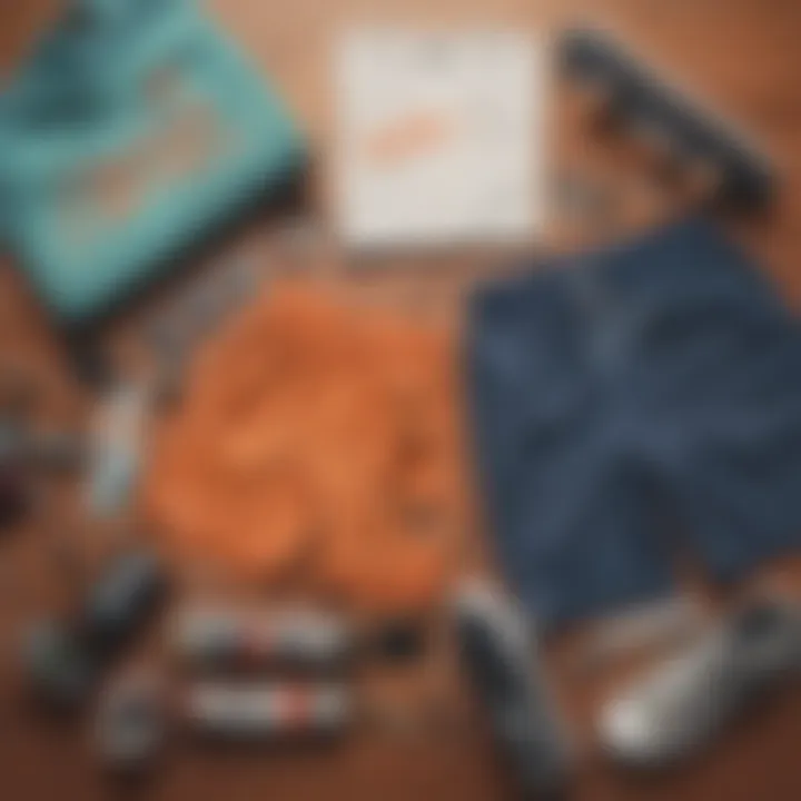 Flat lay of Nike Club Essentials Novelty Shorts with skateboarding accessories