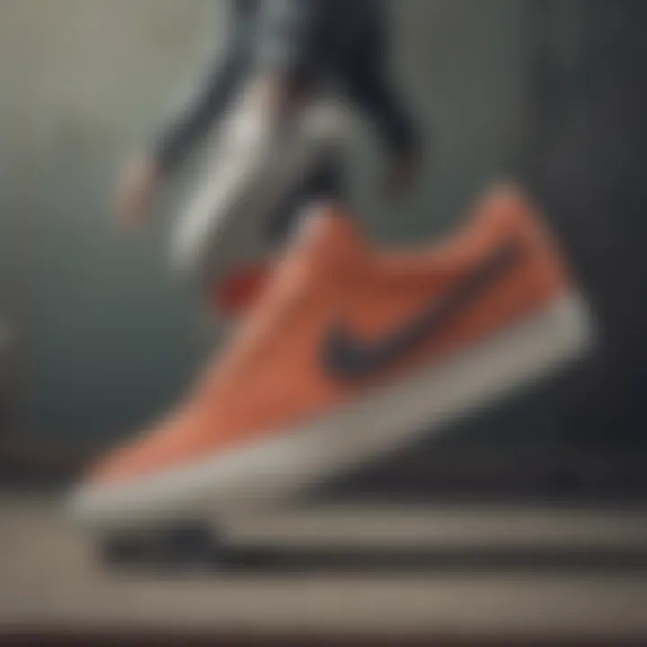 Skateboarder performing a trick while wearing Nike SB Heritage Vulc Shoes