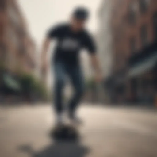 Dynamic skateboarder showcasing Nike t-shirt during a trick