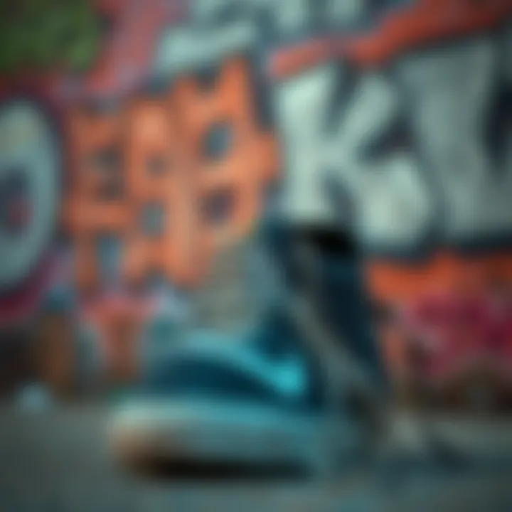 Cultural Artistry and Old Skool Stacked Sneakers An artistic representation of old skool stacked sneakers with graffiti art in the background.