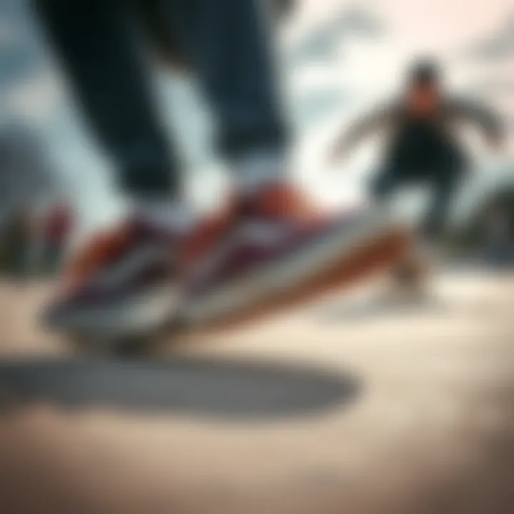 Old Skool Stacked Sneakers in Action Skaters performing tricks while wearing old skool stacked sneakers at a skate park.