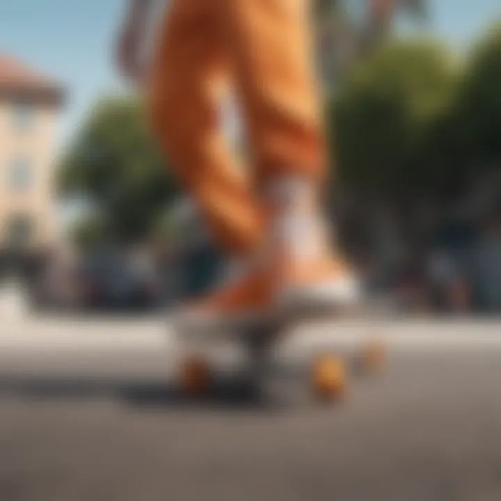 A skateboarder performing tricks while wearing orange vans.