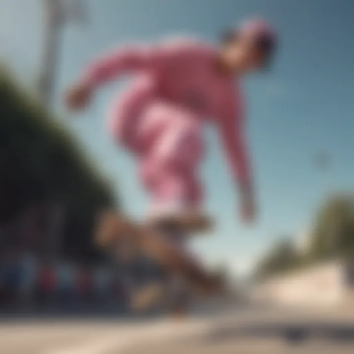 A skateboarder wearing pink Nike apparel performing a trick.