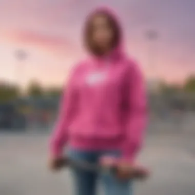 A vibrant pink Nike hoodie displayed in a skate park setting.