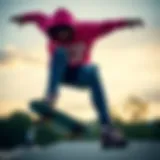 Skateboarder in Action A stylish skateboarder wearing a vibrant sweatshirt while performing a trick