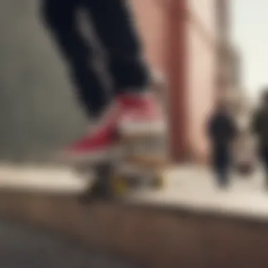 A skateboarder in action wearing red suede Vans on a ramp.