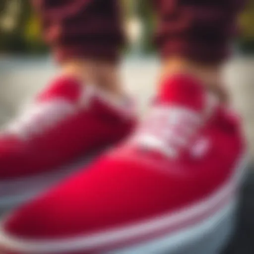 Detailed Look at Red Vans Design Features A close-up view of red Vans sneakers showcasing their design and texture.